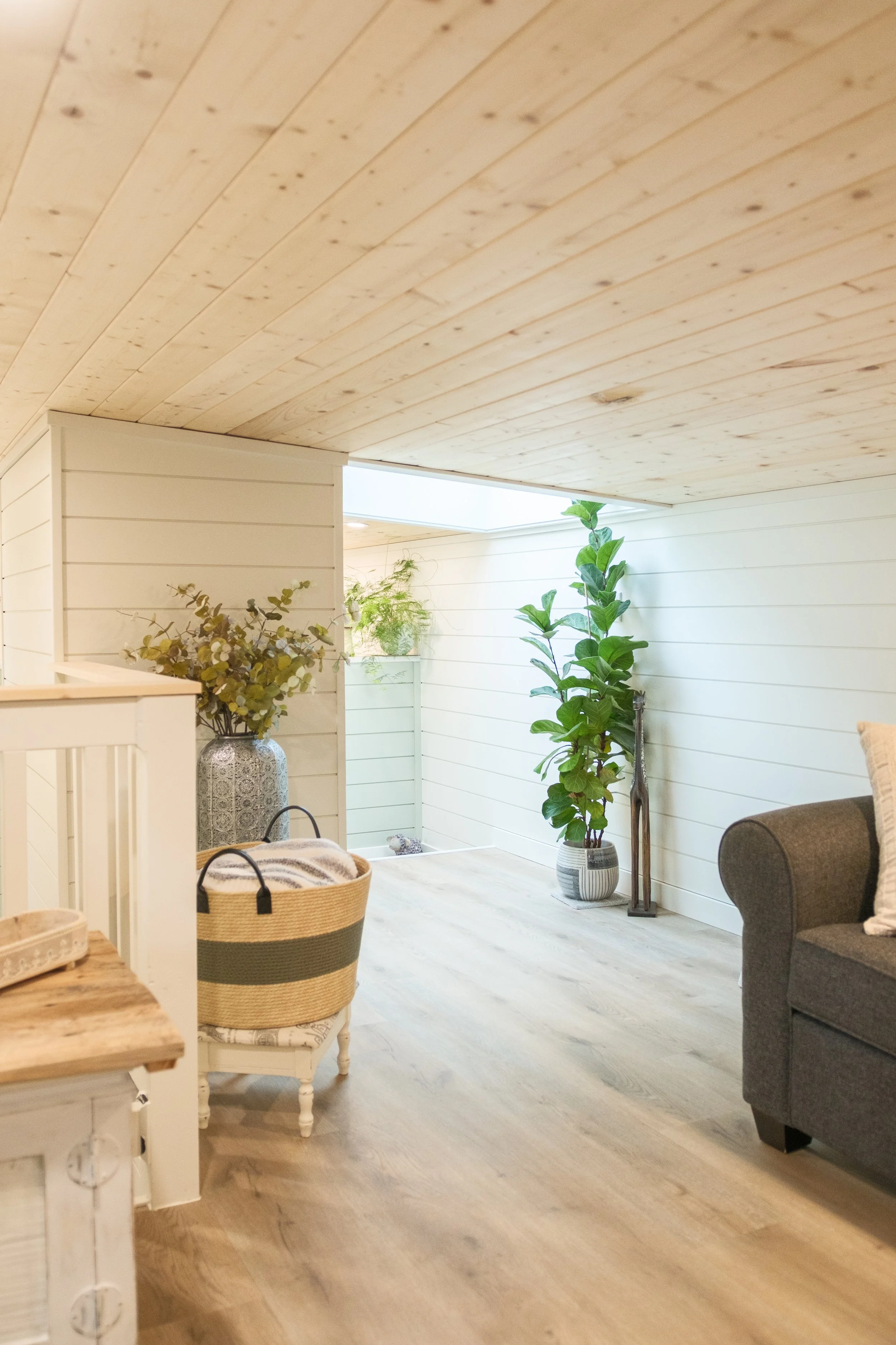A cozy loft space with white shiplap walls, a slanted wooden ceiling, light hardwood flooring, potted plants, a gray sofa, and a wicker basket. Dwell Tiny Homes 400sq. ft. model. Parksville, B.C. Canada