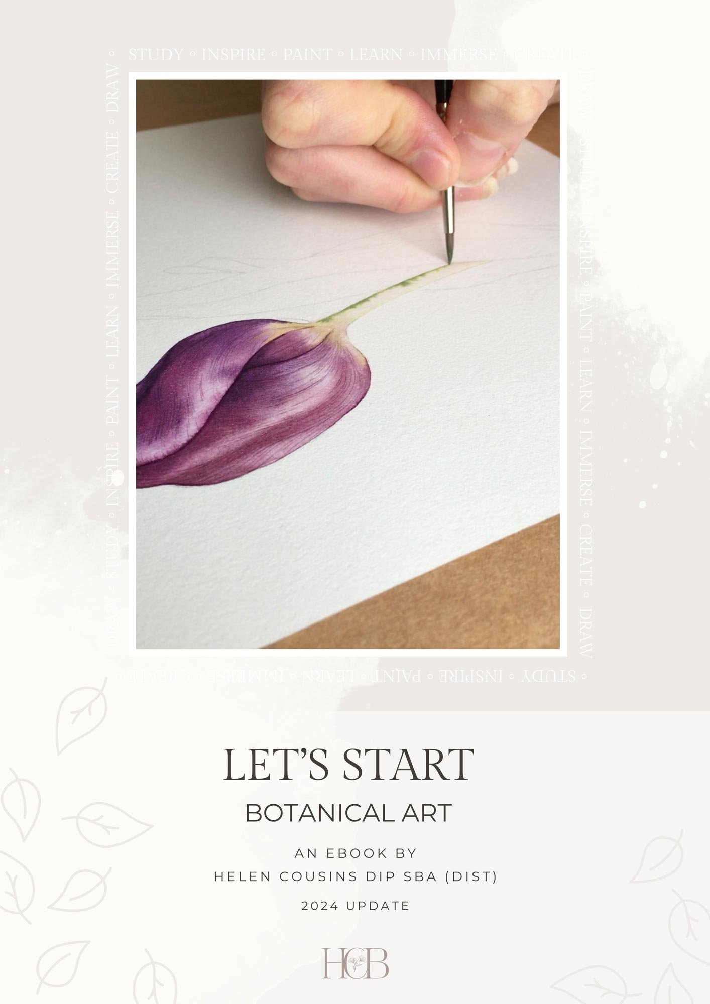 Let's Start Botanical Art guide cover featuring purple tulip painting by Helen Cousins