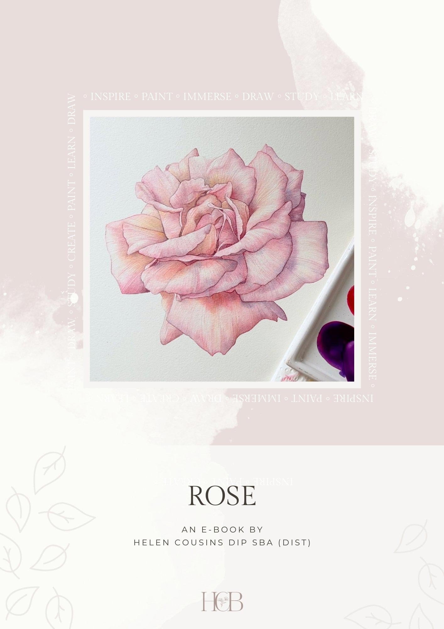 Rose botanical art guide cover featuring a detailed rose painting by Helen Cousins