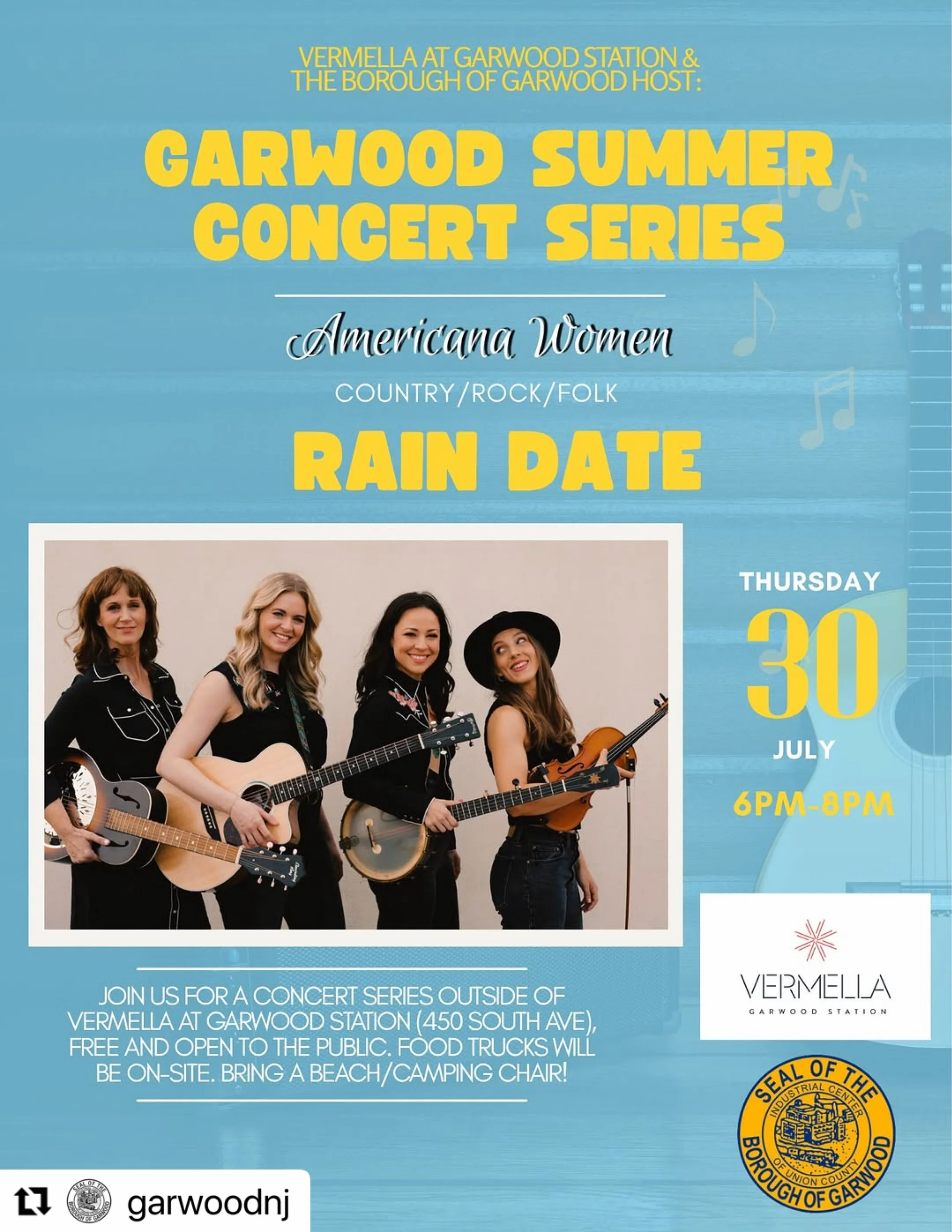 #Repost @garwoodnj with @use.repost
・・・
The third concert for the Garwood Summer Concert Series hosted by Vermella at Garwood Station and the Borough of Garwood is tomorrow Thursday, July 30th. Rock/Folk band, Americana Women, will be performing 6pm-