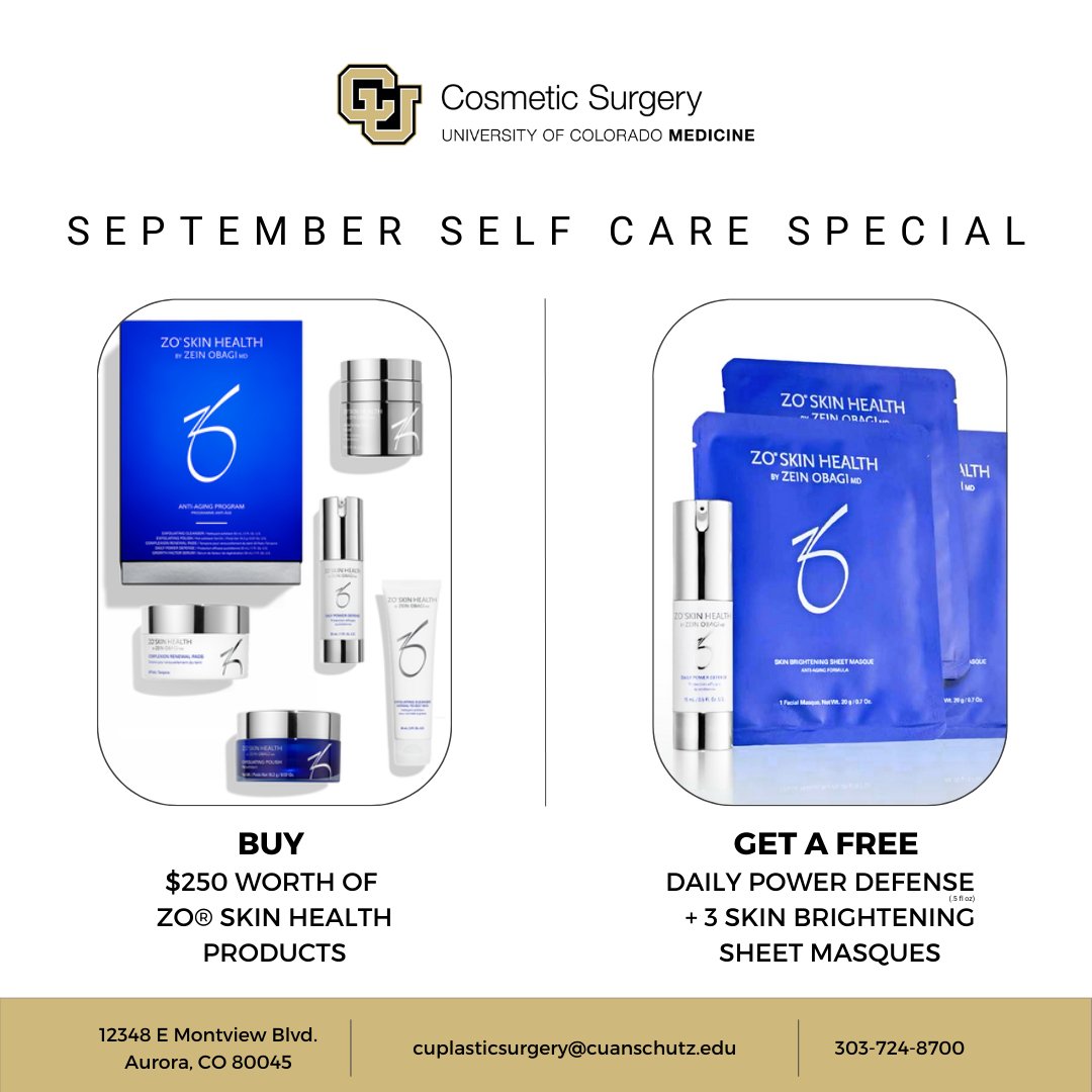 This September, treat yourself to a ZO&reg; self care package at CU Medicine Cosmetic Surgery. When you spend $250 on ZO&reg; Skin Health products, we will gift you a Daily Power Defense (.5 Fl. Oz.) and three Skin Brightening Sheet Masques*. That gi