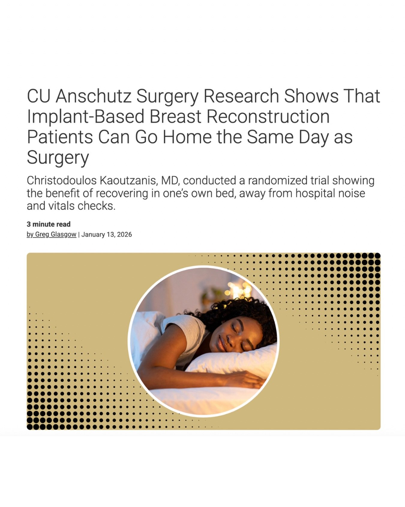Research conducted by Chris Kaoutzanis, MD, FACS, associate professor @cudeptsurg, and published in @prsjournal shows that implant-based breast reconstruction patients can go home the same day as surgery, highlighting the benefit of recovering in one