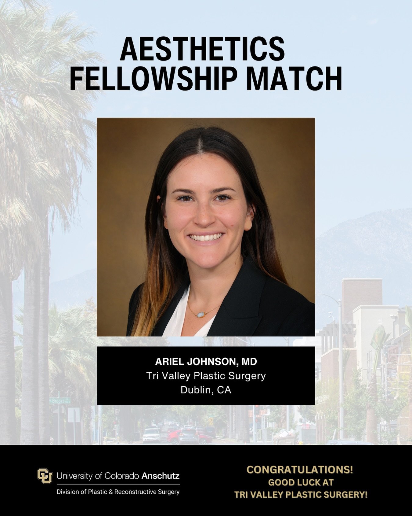 Congratulations to Ariel Johnson, MD, for her recent Aesthetics Fellowship Match with Tri Valley Plastic Surgery in Dublin, CA! We look forward to seeing your success in the future!

@arielclarejohnsonmd 
@trivalleyplasticsurgery 
@cudeptsurg