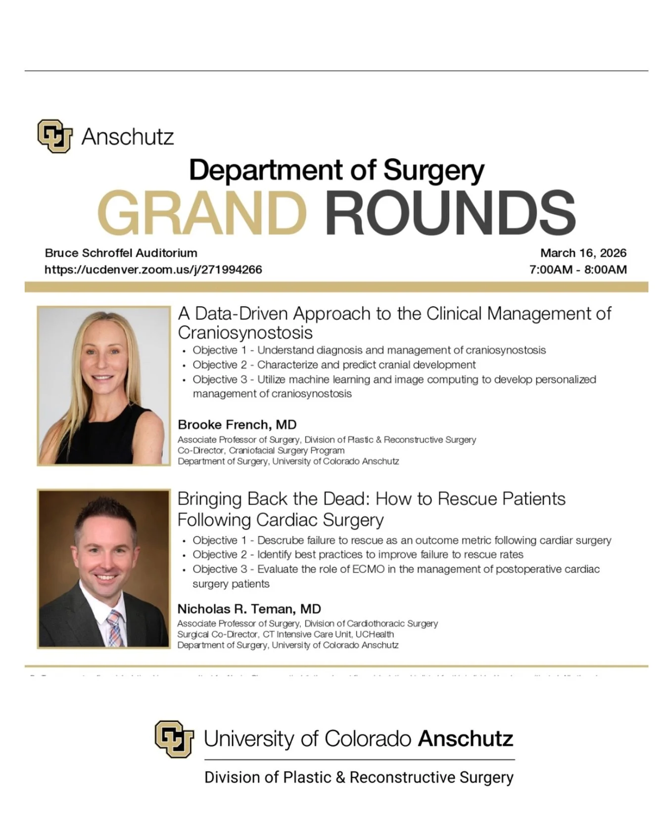 Brooke French, MD, FACS is presenting &ldquo;A Data-Driven Approach to the Clinical Management of Craniosynostotis&rdquo; at the CU Anschutz Department of Surgery Grand Rounds at 7:00 a.m. on Monday, March 16, 2026. Click our link in bio for the Zoom