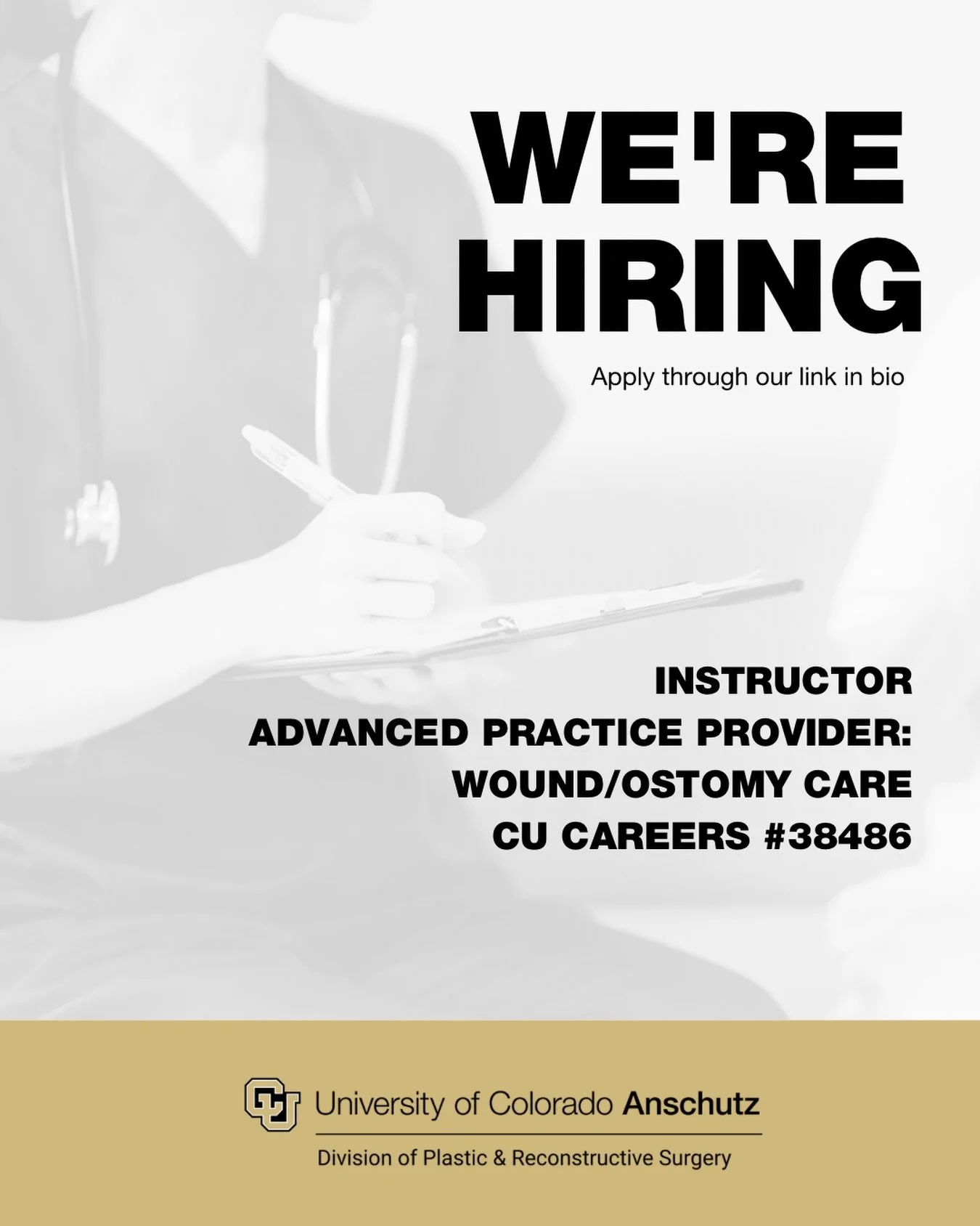 We are hiring a Wound/Ostomy Care Advanced Practice Provider (APP)/(PA/NP). Application link in bio.

The Division of Plastic and Reconstructive Surgery in the Department of Surgery at the University of Colorado School of Medicine has a part time (0.