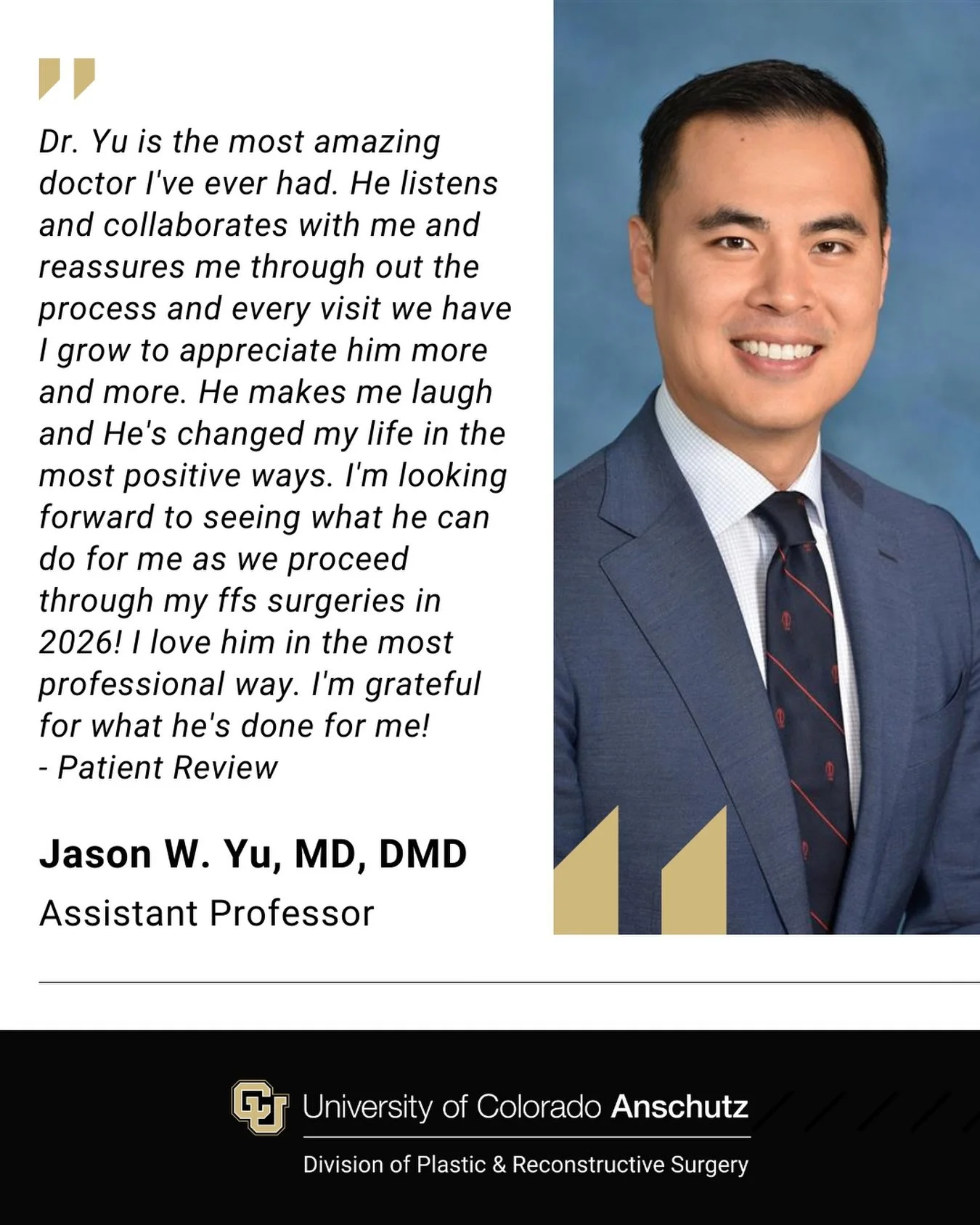 We love hearing your stories and feedback! Thank you to this patient for taking the time to write this thoughtful review for Jason Yu, MD, DMD!

#fivestarreview #uchealth #plasticsurgeon #coloradoplasticsurgeon