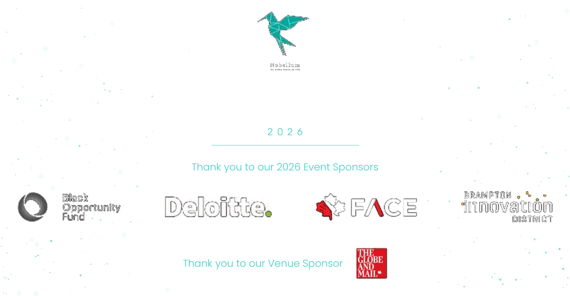 Glitchy digital graphic with logos of Deloitte, FACE, Brampton, The Globe and Mail, and Opportunity District, with text thanking the recipient for their sponsorship in 2024.