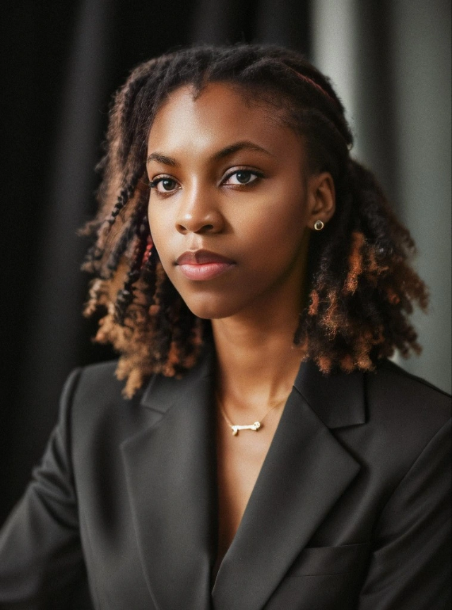 A young African American woman with styled curly hair, wearing a black blazer, gold necklace, and small earrings, looking confidently at the camera.