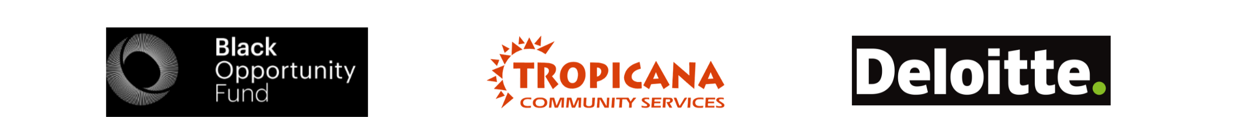 Logos of Black Opportunity Fund, Tropicana Community Services, and Deloitte on a black background.
