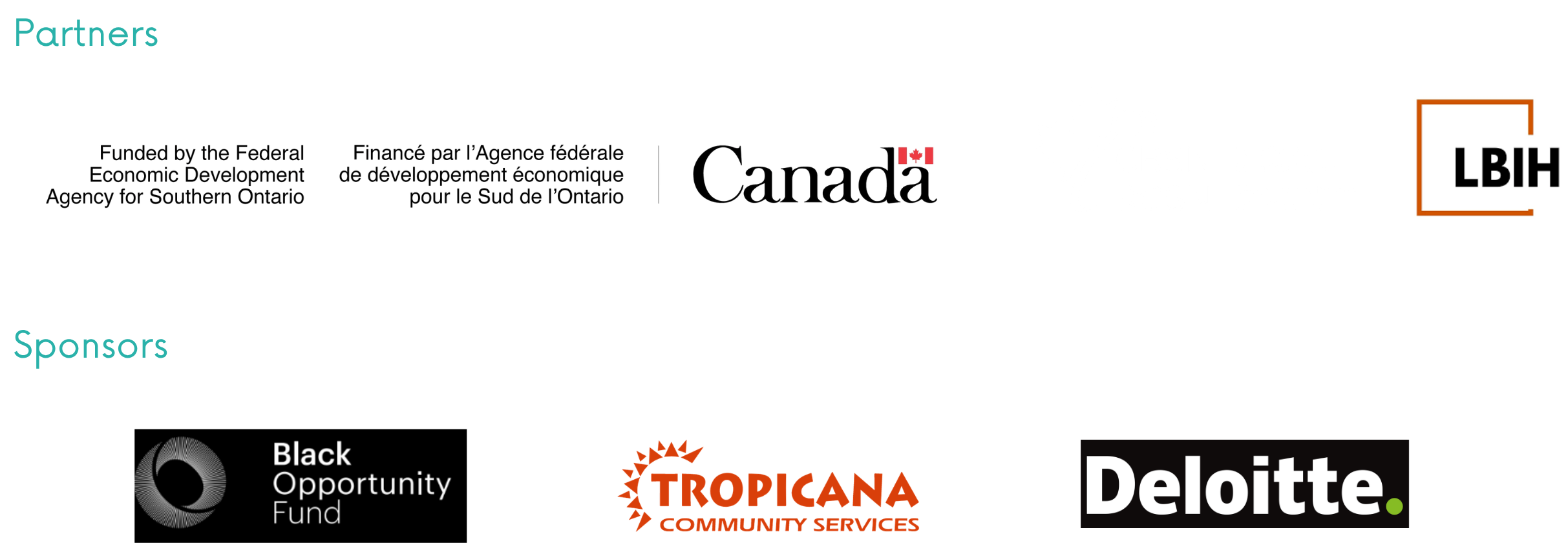 A digital banner displaying logos and text in English and French, including the Canada flag, representing organizations funded by the federal government of Canada, the Opportunity Fund, Deloitte, and Tropicana Community Services.