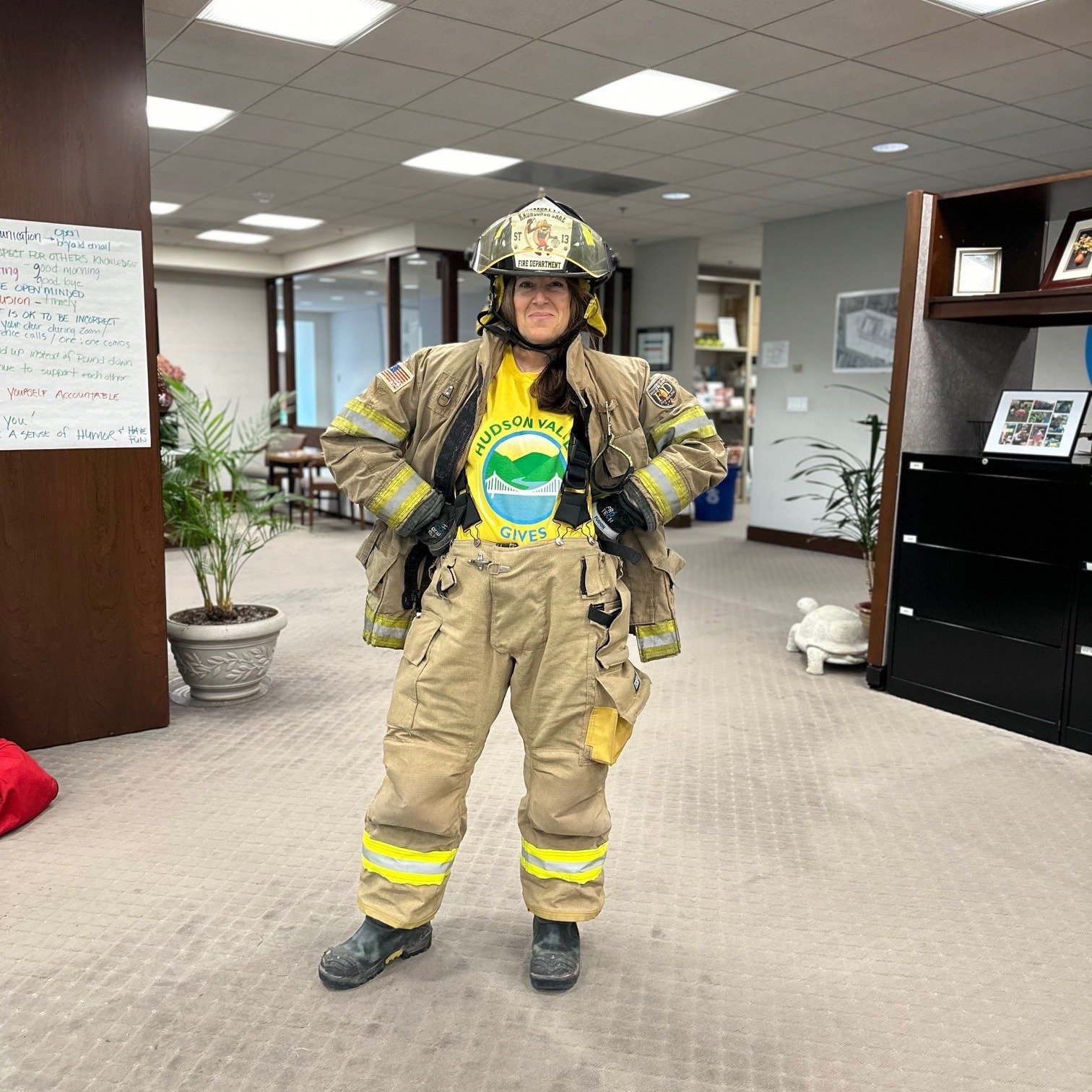 🚒 Did you know that the average turn-out gear for a firefighter costs the department over $5,000 per person? 

Below is our CEO, Denise Frangipane, in turn-out gear. The Sullivan 180 staff did a fun challenge to see if we could put on the gear in un