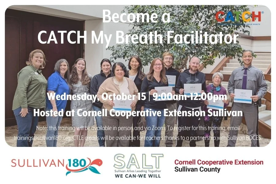 Learn more about the vaping epidemic nationally and in Sullivan County by becoming a CATCH My Breath Facilitator! 

📍𝗖𝗼𝗿𝗻𝗲𝗹𝗹 𝗖𝗼𝗼𝗽𝗲𝗿𝗮𝘁𝗶𝘃𝗲 𝗘𝘅𝘁𝗲𝗻𝘀𝗶𝗼𝗻 𝗦𝘂𝗹𝗹𝗶𝘃𝗮𝗻
📆 𝗪𝗲𝗱𝗻𝗲𝘀𝗱𝗮𝘆, 𝗢𝗰𝘁𝗼𝗯𝗲𝗿 𝟭𝟱, 𝟮𝟬𝟮𝟱
🕘 𝟵
