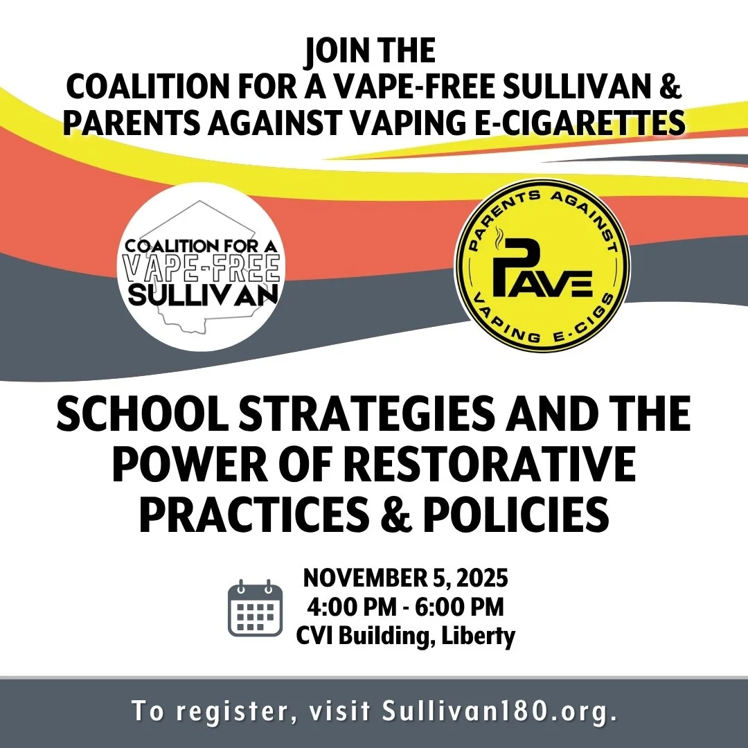 𝗪𝗮𝗻𝘁 𝘁𝗼 𝗴𝗲𝘁 𝗶𝗻𝘃𝗼𝗹𝘃𝗲𝗱 𝘄𝗶𝘁𝗵 𝘃𝗮𝗽𝗶𝗻𝗴 𝗽𝗿𝗲𝘃𝗲𝗻𝘁𝗶𝗼𝗻 𝗲𝗳𝗳𝗼𝗿𝘁𝘀 𝗶𝗻 𝗦𝘂𝗹𝗹𝗶𝘃𝗮𝗻 𝗖𝗼𝘂𝗻𝘁𝘆?
 The Coalition for a Vape-Free Sullivan is thrilled to welcome PAVe (Parents Against Vaping e-Cigarettes) to Sullivan 