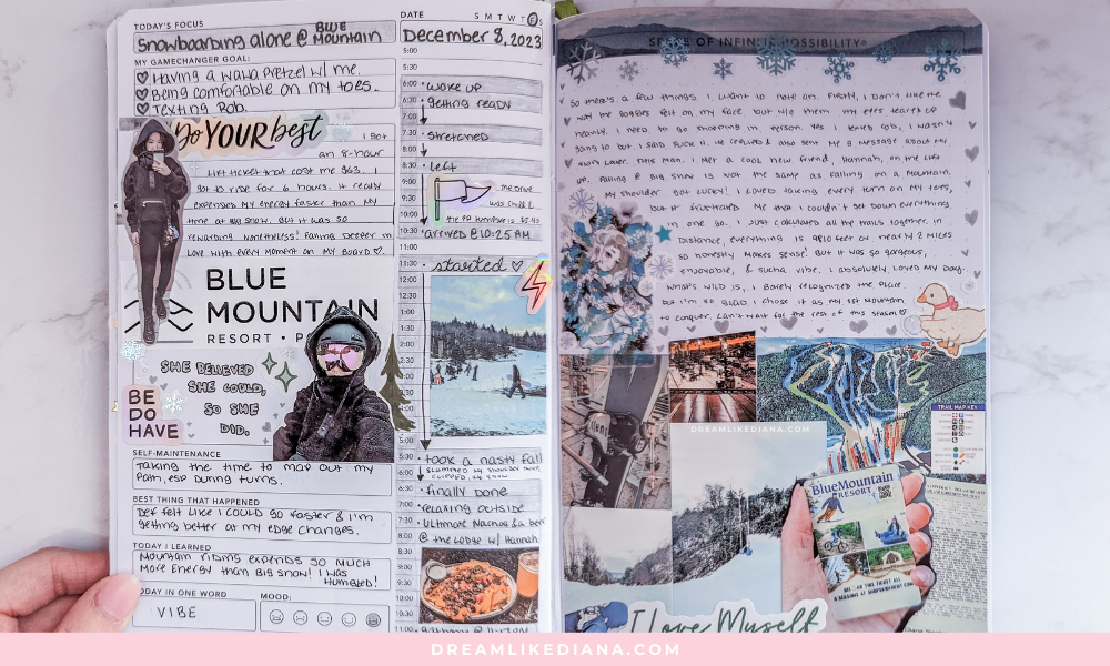 Aesthetic journal spread with handwritten goals, doodles, and photos. Features winter and Blue Mountain Resort theme, with stickers and motivational quotes.
