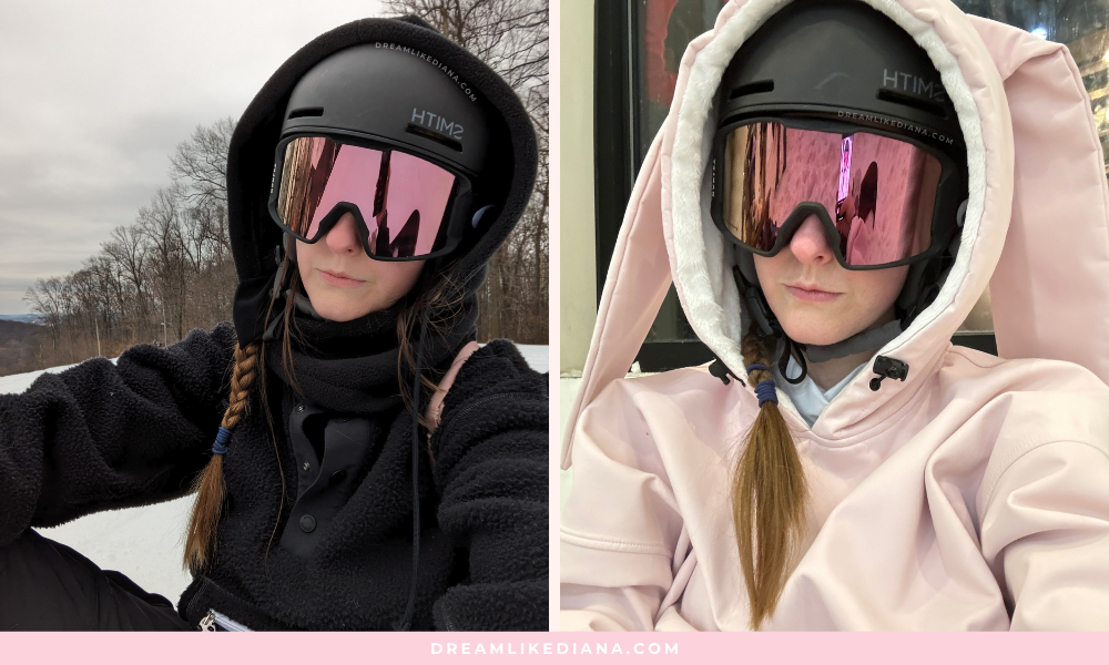 Two images of a person wearing dark ski helmets and reflective goggles. Left: outdoors in black clothing; right: indoors in light pink outfit. Both images convey a focused, calm tone.