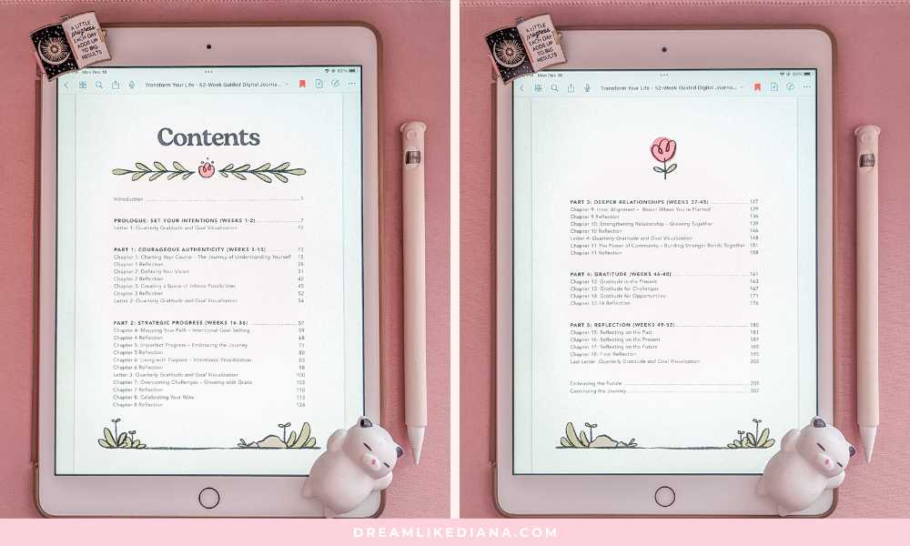 Two tablets displaying the table of contents for a guided journal. Each tablet is placed on a pink surface, with a stylus and a small white bear figurine beside them, conveying a cozy, inviting tone.