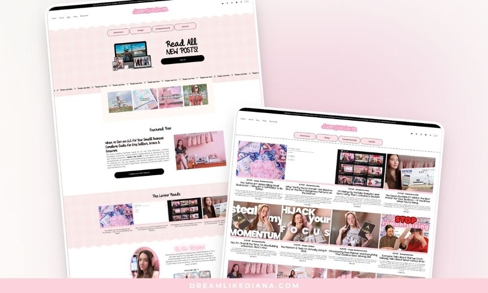 Two overlapping mockups of the dreamlikediana.com blog homepage displayed on tablets, showing the pink-themed layout with blog post thumbnails and navigation