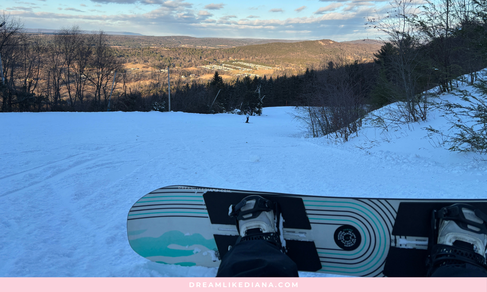 A snowboarder's perspective shows a snowboard on a snowy slope, surrounded by trees. The landscape view includes bare trees and rolling hills under a cloudy sky.