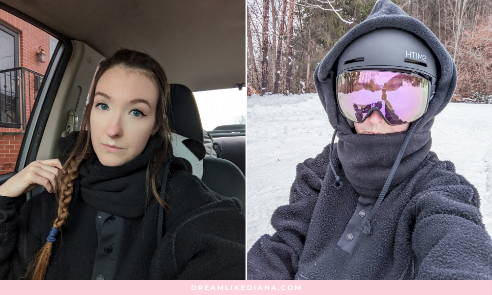 Split image: Left shows a woman with a braid and black sweater in a car, looking calm. Right shows the same person outdoors, dressed in winter gear with ski goggles, evoking a sense of adventure.
