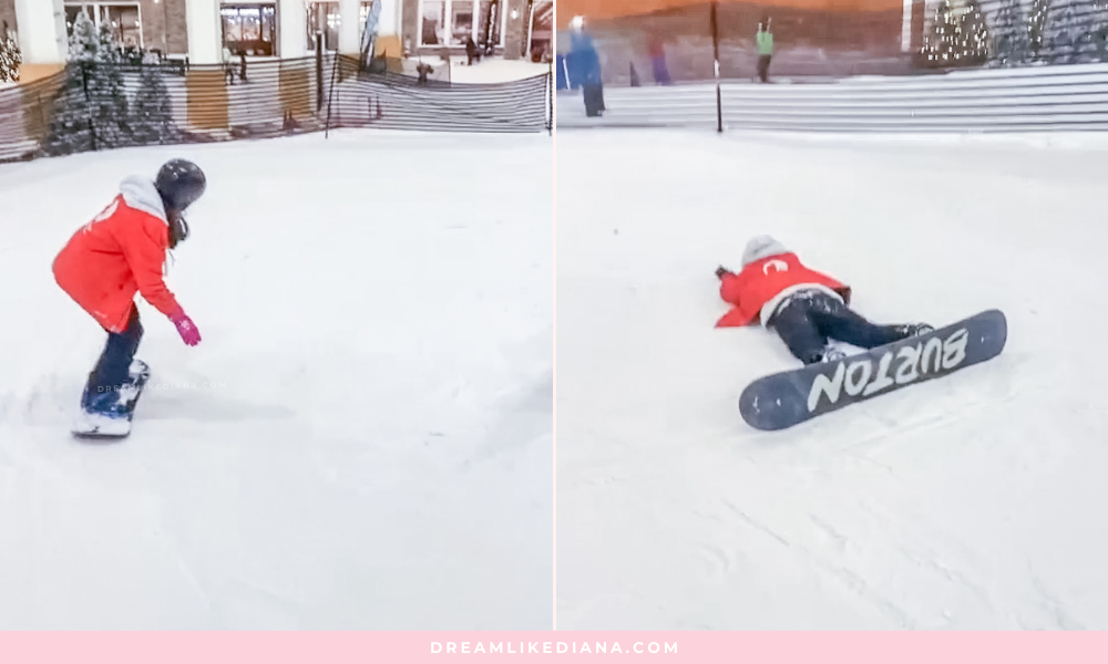 Two images show a snowboarder in a red jacket on snowy ground. In the first, the person is riding confidently; in the second, they are playfully lying down.