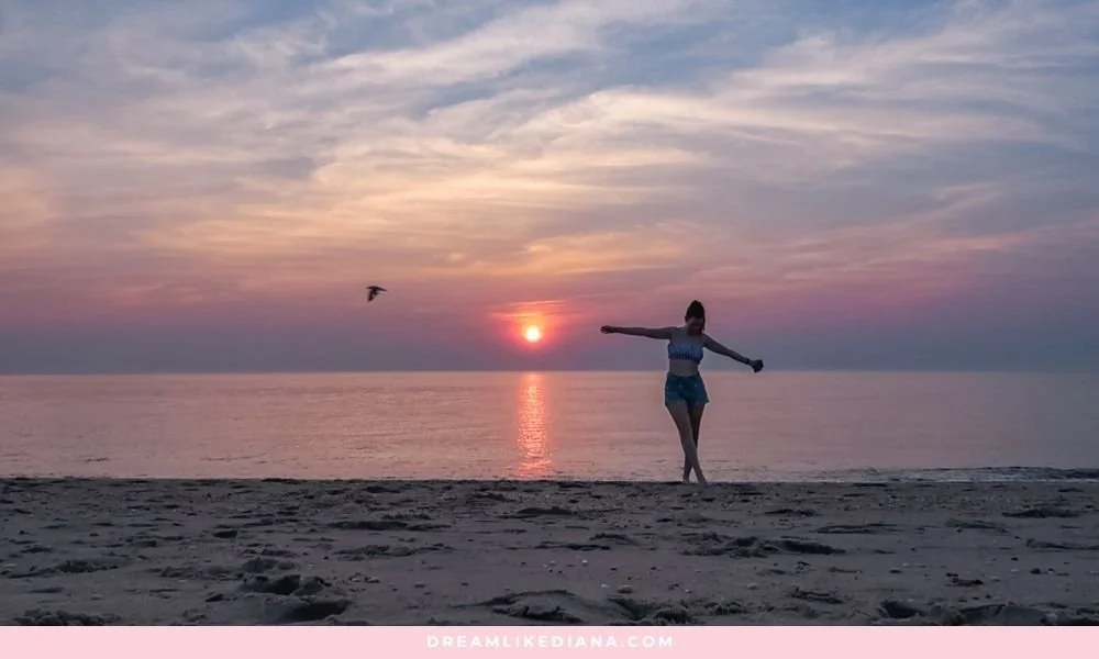A person joyfully spins on a sandy beach at sunset. The sun is near the horizon, casting an orange glow over calm waters, with a bird flying nearby.