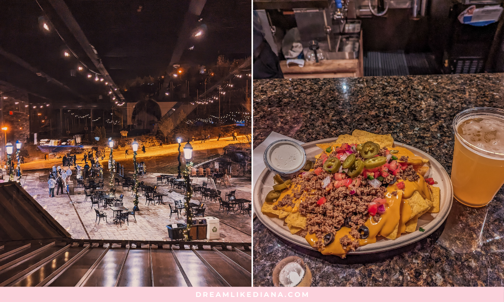 Split image showing a nighttime outdoor dining area with string lights and tables on the left, and a plate of nachos with a beer on a counter on the right.