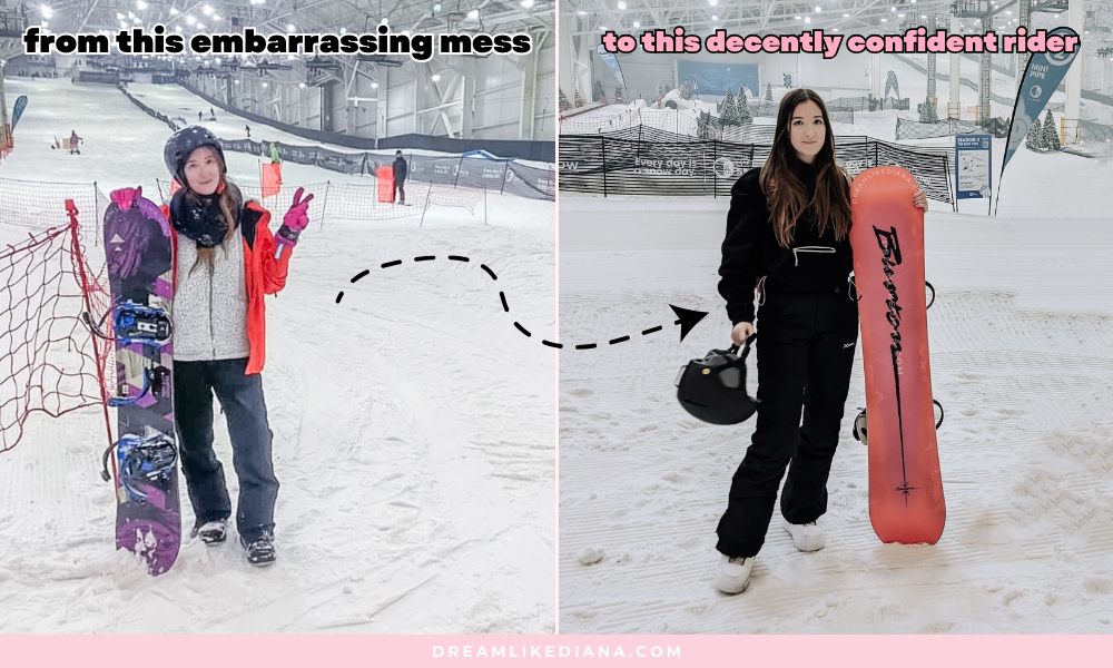 Two images illustrate progress in snowboarding. Left: A smiling woman with a purple snowboard, making a peace sign. Right: Same woman confidently holds a pink snowboard, showcasing her progression.