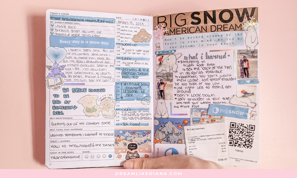 A hand holds an open journal with pastel colors, motivational text, and cute animal stickers. The theme centers on snowboarding and personal growth.