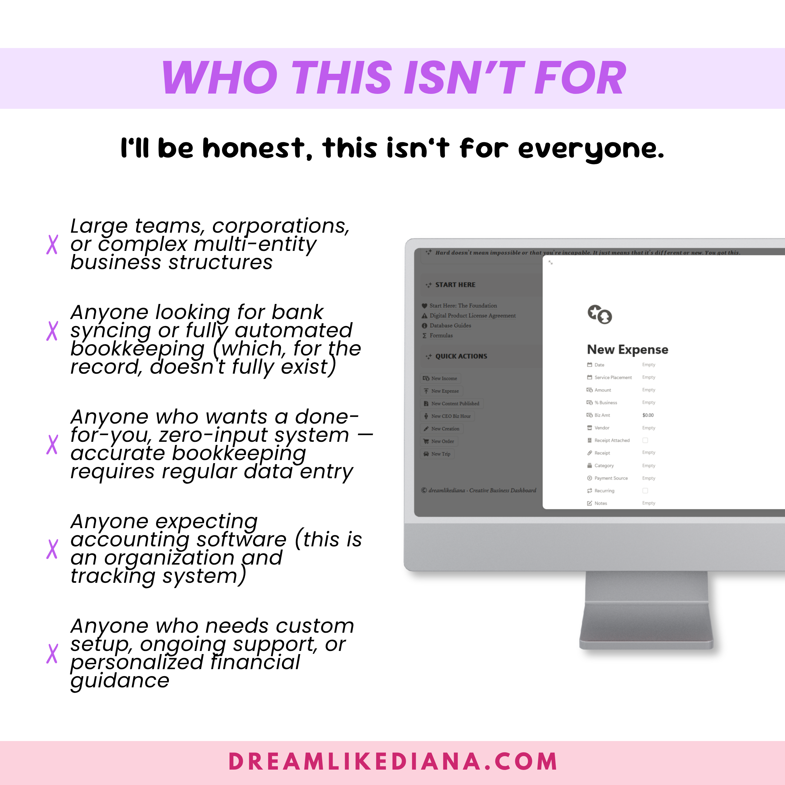 Graphic: "Who This Isn't For" — exclusions list including large corporations and full-automation seekers. Computer screen shows bookkeeping template.