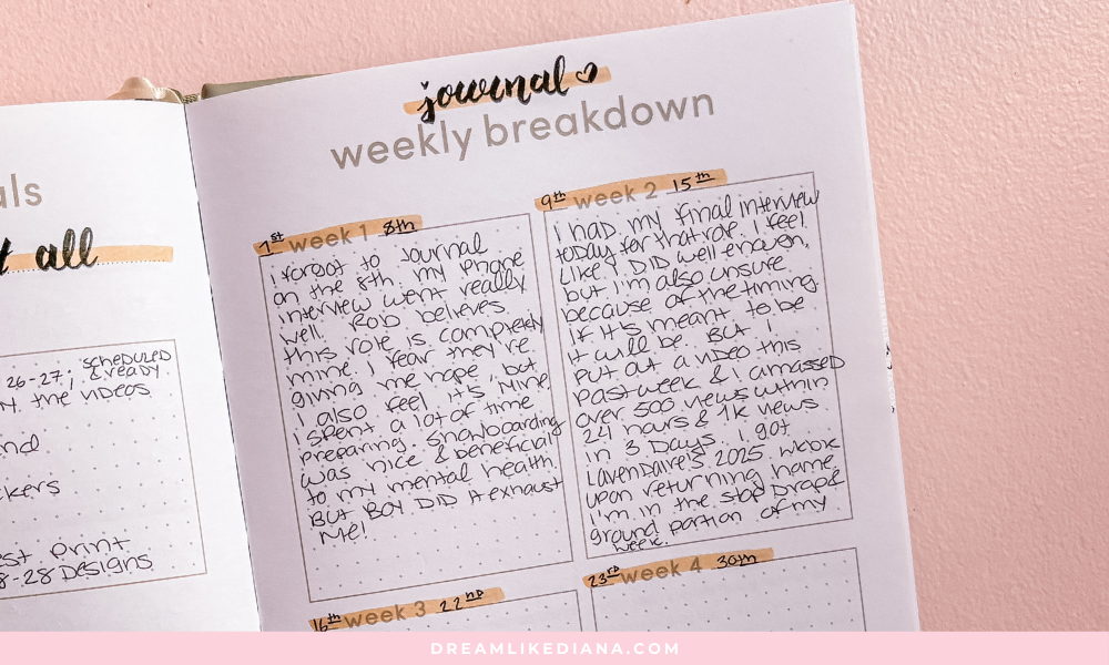 Open journal page titled 'weekly breakdown' with handwritten entries. Each entry is framed by yellow washi tape, detailing personal reflections and events from various weeks. The journal has a pink background and conveys a personal, reflective tone.