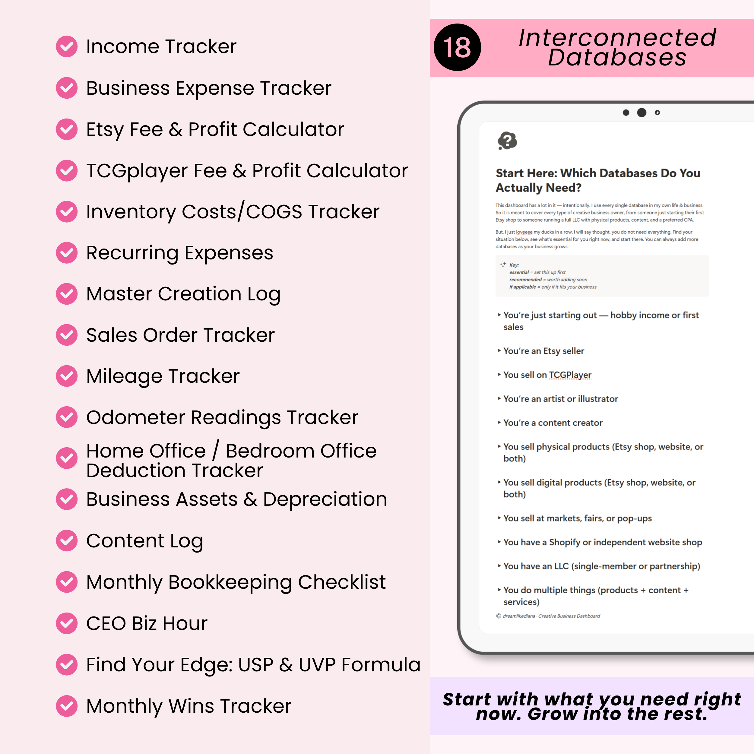 Pink infographic: "Interconnected Databases" — list of trackers on the left, tablet checklist on the right. Bottom text: "Start with what you need right now. Grow into the rest."