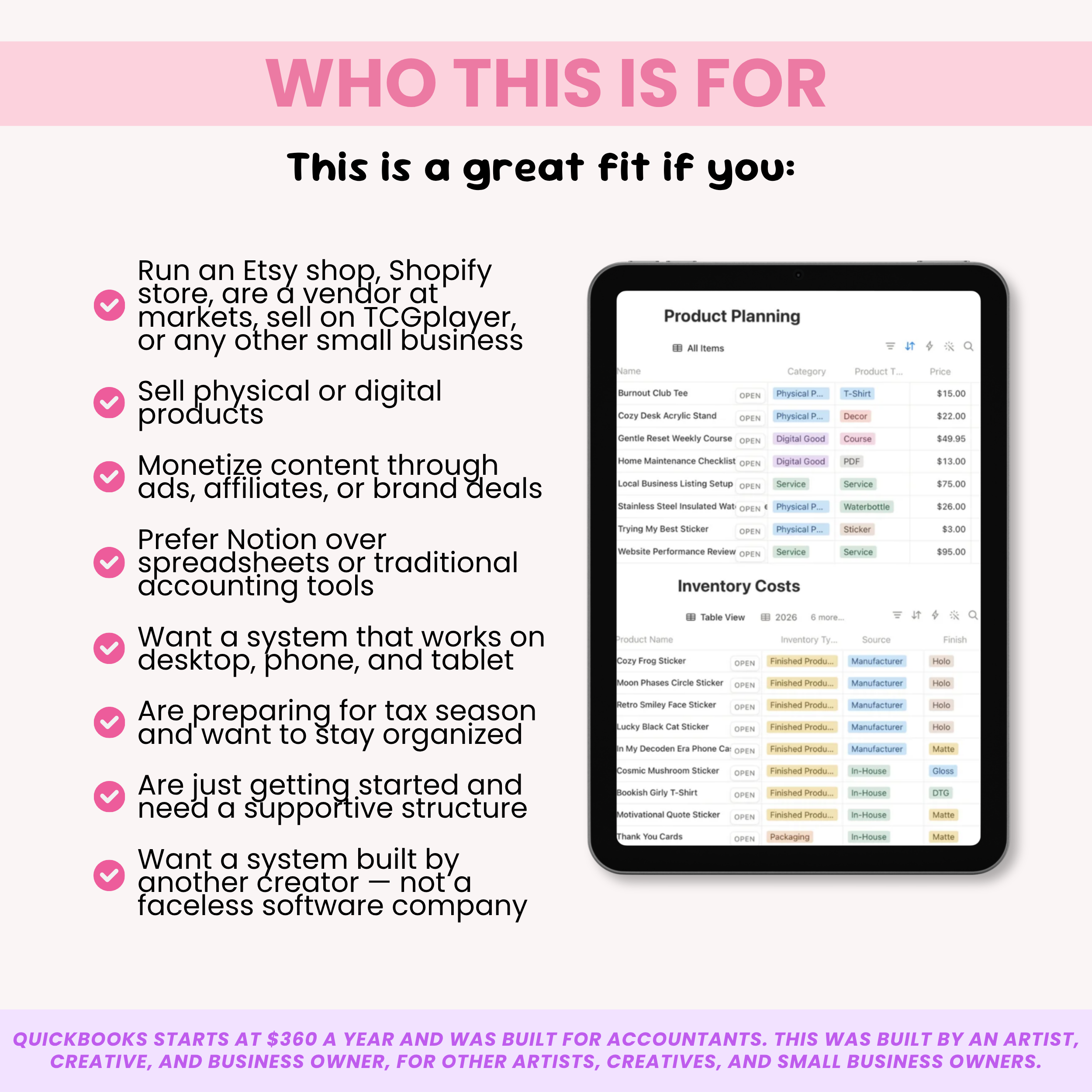 Pink and black graphic: "Who This Is For" — benefits for small business owners with tablet app screenshot.