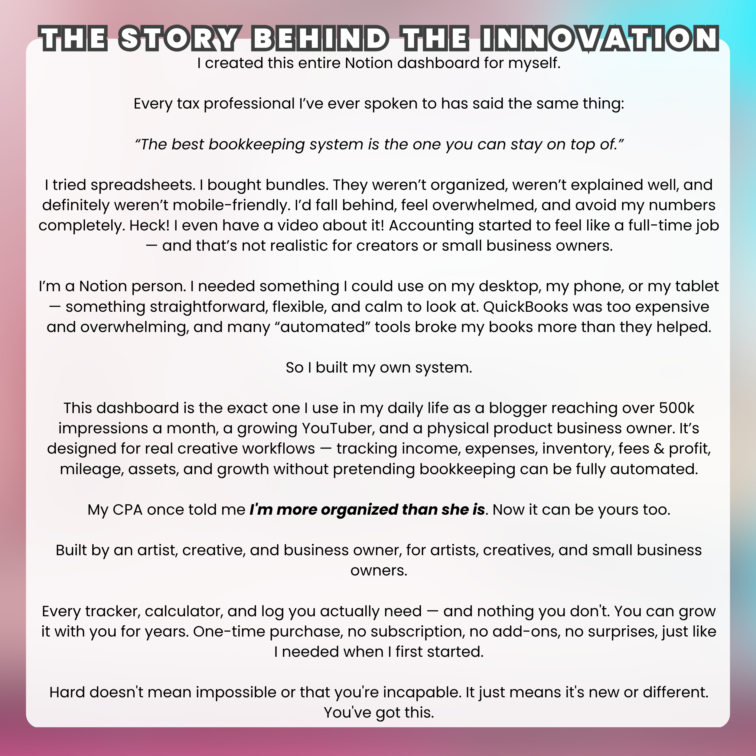 Infographic: "The Story Behind the Innovation" — creator's journey building a Notion bookkeeping dashboard for bloggers and business owners.