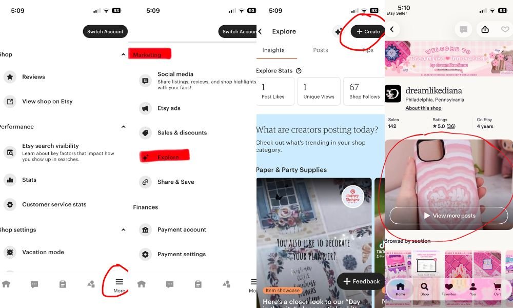 Collage of Etsy app screenshots. Left: Navigation menu highlighting "Marketing" and "Explore." Middle: "Explore" section with stats. Right: Product showcase with "View more posts" button.