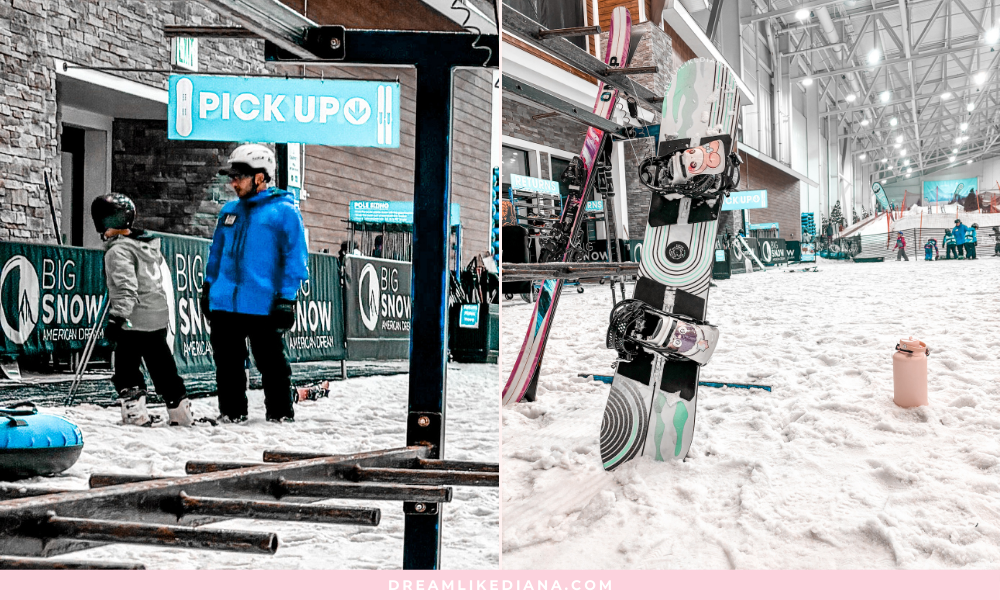 Indoor ski area with people dressed for snow activities. A bright "Pick Up" sign hangs above. Snowboards rest in the snow, exuding a lively, recreational atmosphere.
