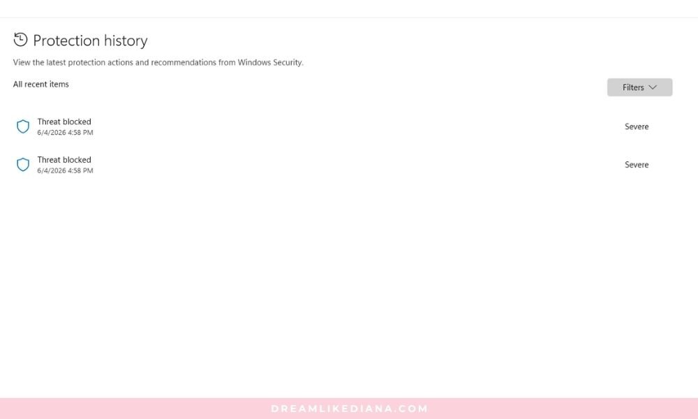Screenshot of Windows Security Protection History page displaying two severe threat blocked notifications from June 4, 2026