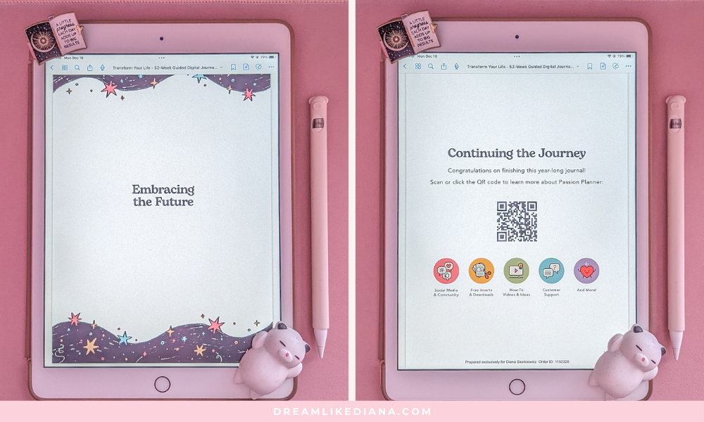 Two iPads on a pink background display pages of a digital journal. Left: "Embracing the Future" with star motifs. Right: "Continuing the Journey," featuring a QR code and colorful icons. A pig-shaped charm and stylus are nearby.