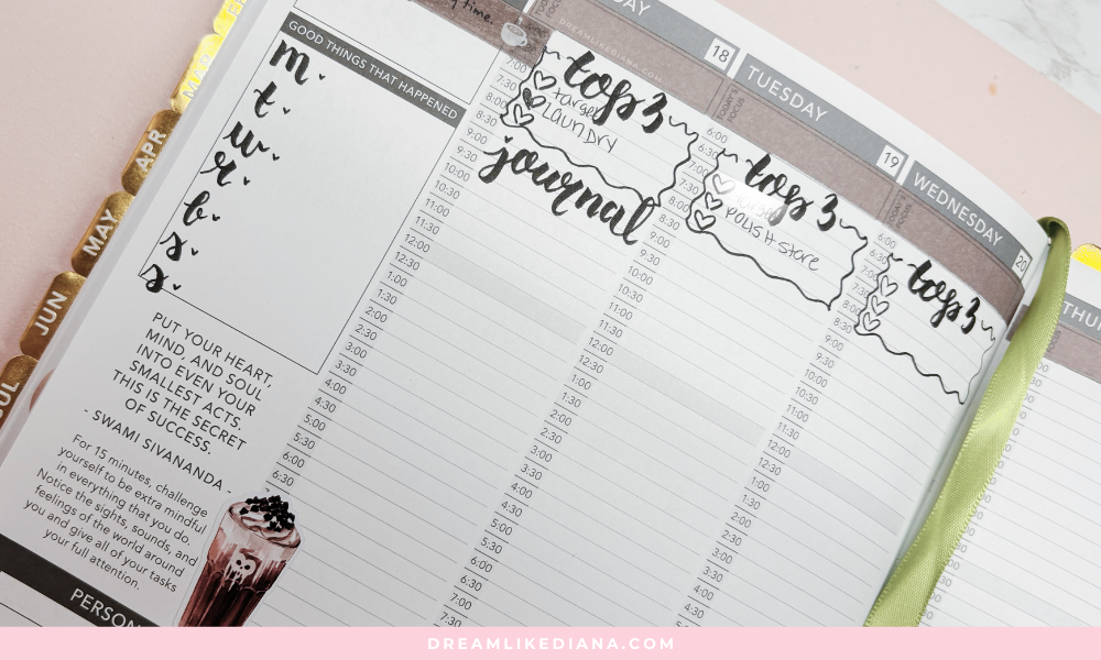 Open planner showing a weekly spread from Monday to Wednesday, featuring handwritten "top 3" tasks, quotes, and a coffee illustration. Bright, motivational tone.