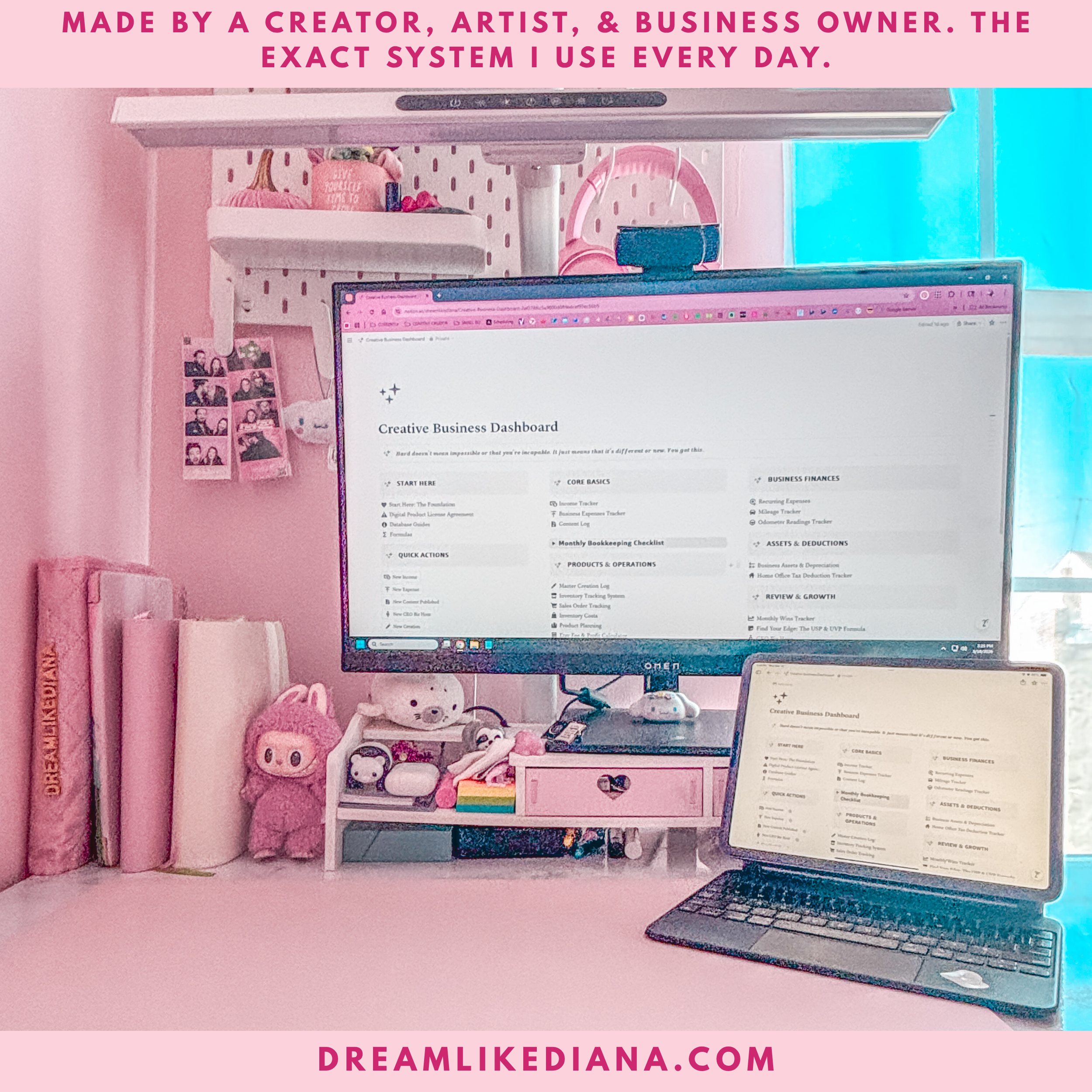 Pink desk setup with monitor displaying Creative Business Dashboard, figurines, and notebooks.