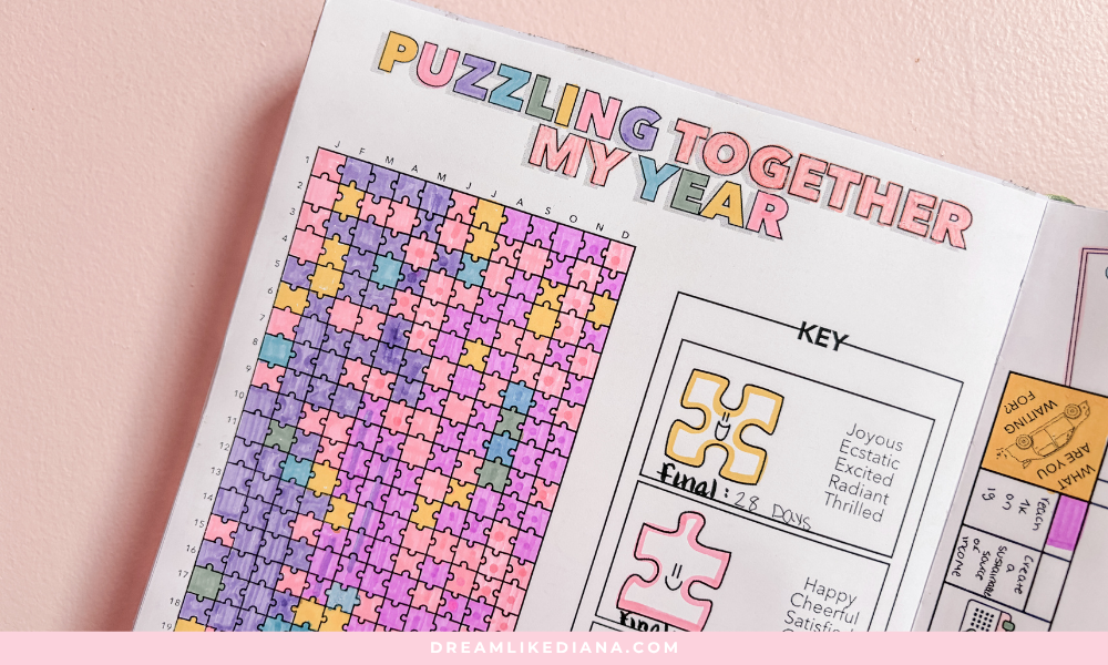 A colorful mood tracker by dreamlikediana titled "Puzzling Together My Year," featuring a puzzle grid with various bright colors. A key on the right decodes the mood colors.