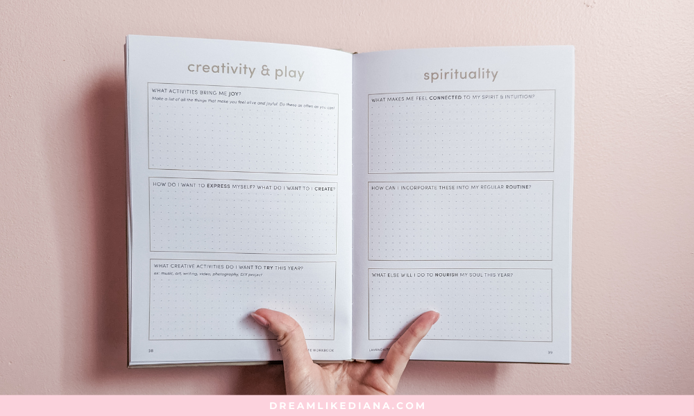 Open journal displaying two sections titled "Creativity & Play" and "Spirituality" with prompts for reflection. A hand holds the journal against a pale pink wall.