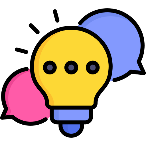 An illustration of a light bulb with three dots inside, surrounded by two speech bubbles, one pink and one blue.