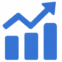 Blue upward trending arrow with ascending bar chart.