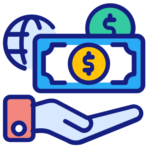 Illustration of a hand holding a dollar bill, with a globe and coins in the background, representing global currency or financial exchange.