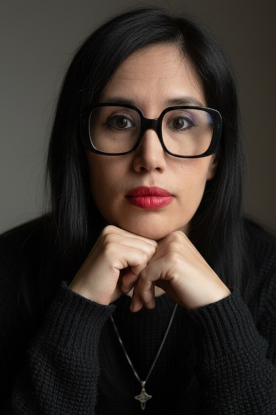 Mujer con gafas negras, cabello oscuro, maquillaje en labios rojos, usando un suéter negro y un collar plateado, posando con las manos cruzadas debajo del rostro.