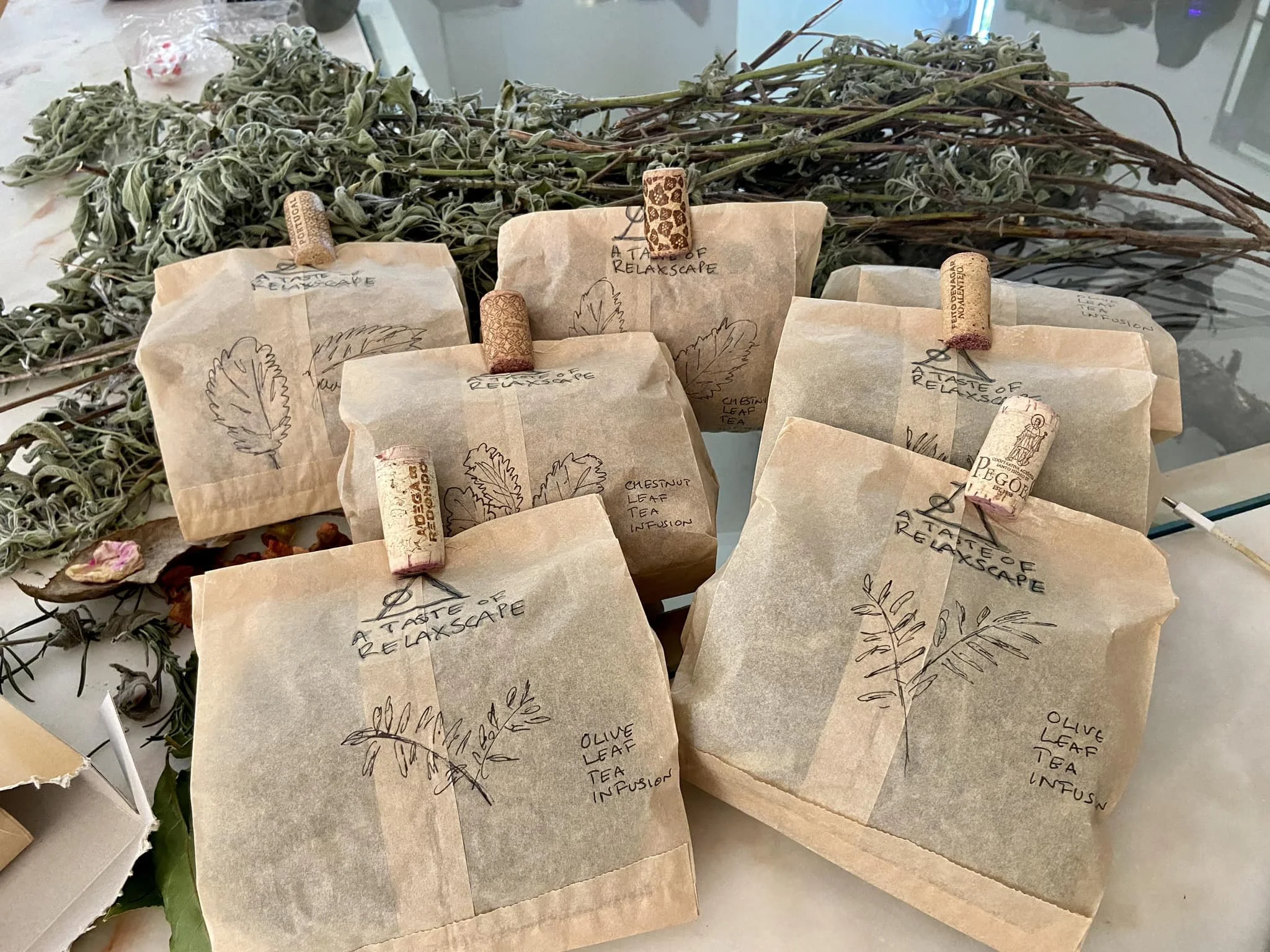 Natural home remedy tea infusions from plants grown at Relaxscape