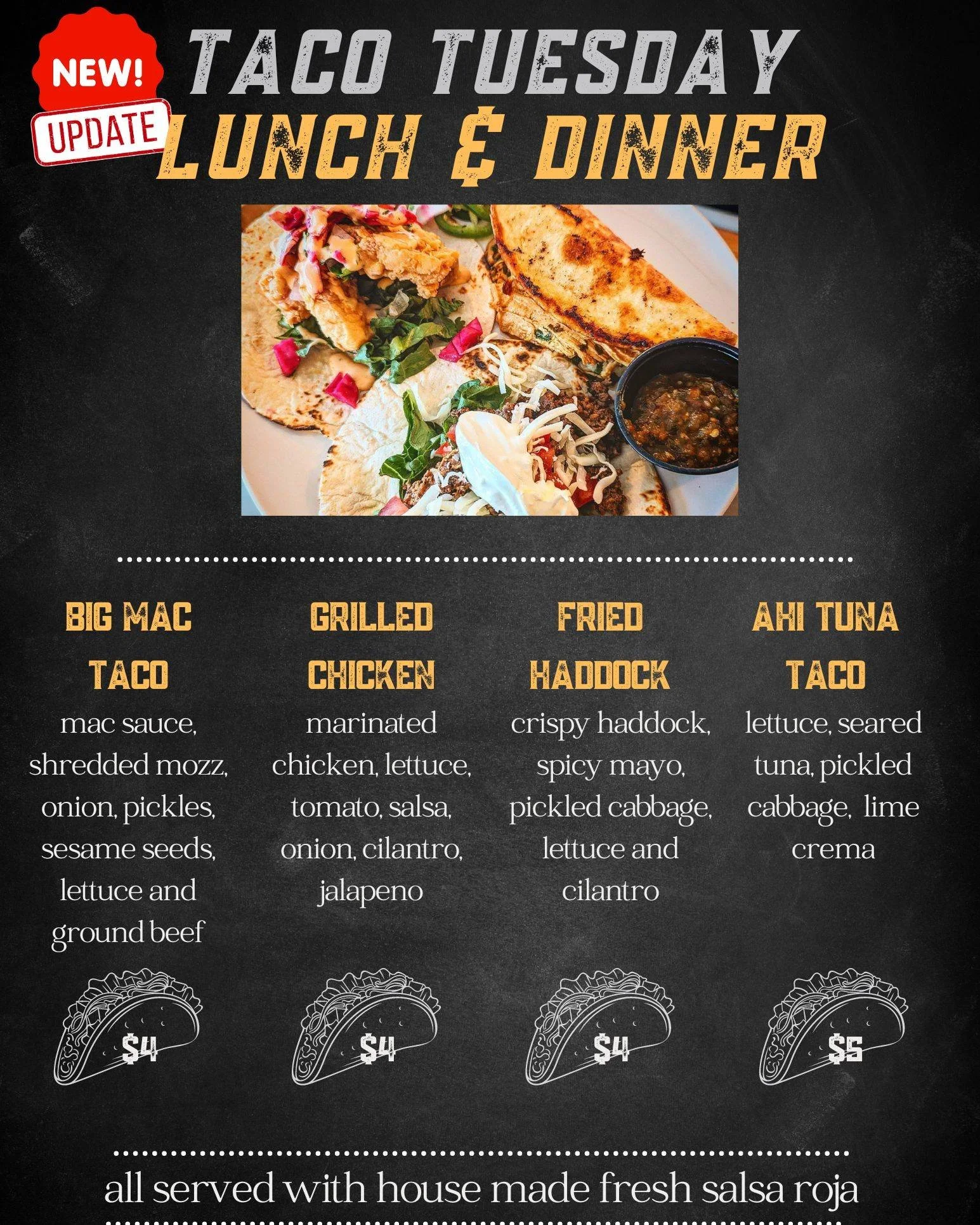 🚨 Exciting News! 🚨

Its Taco Tuesday TOMORROW and we've got a special treat for you! 
Introducing our brand-new 'Big Mac Taco' &ndash; a perfect blend of two classics. 🌮🍔