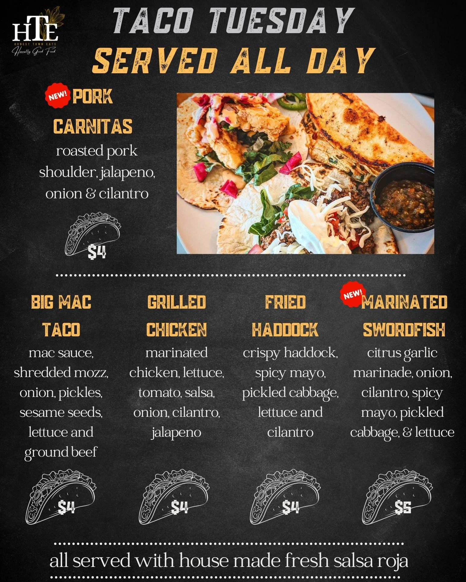 🔥 Tuesdays at Honest Town Eats are a blast! 🔥 We're always bringing you fresh and thrilling new dishes every week. This week, dive into our mouthwatering Pork Carnitas and Marinated Swordfish Tacos&mdash;available for a limited time only!

🍹 And d