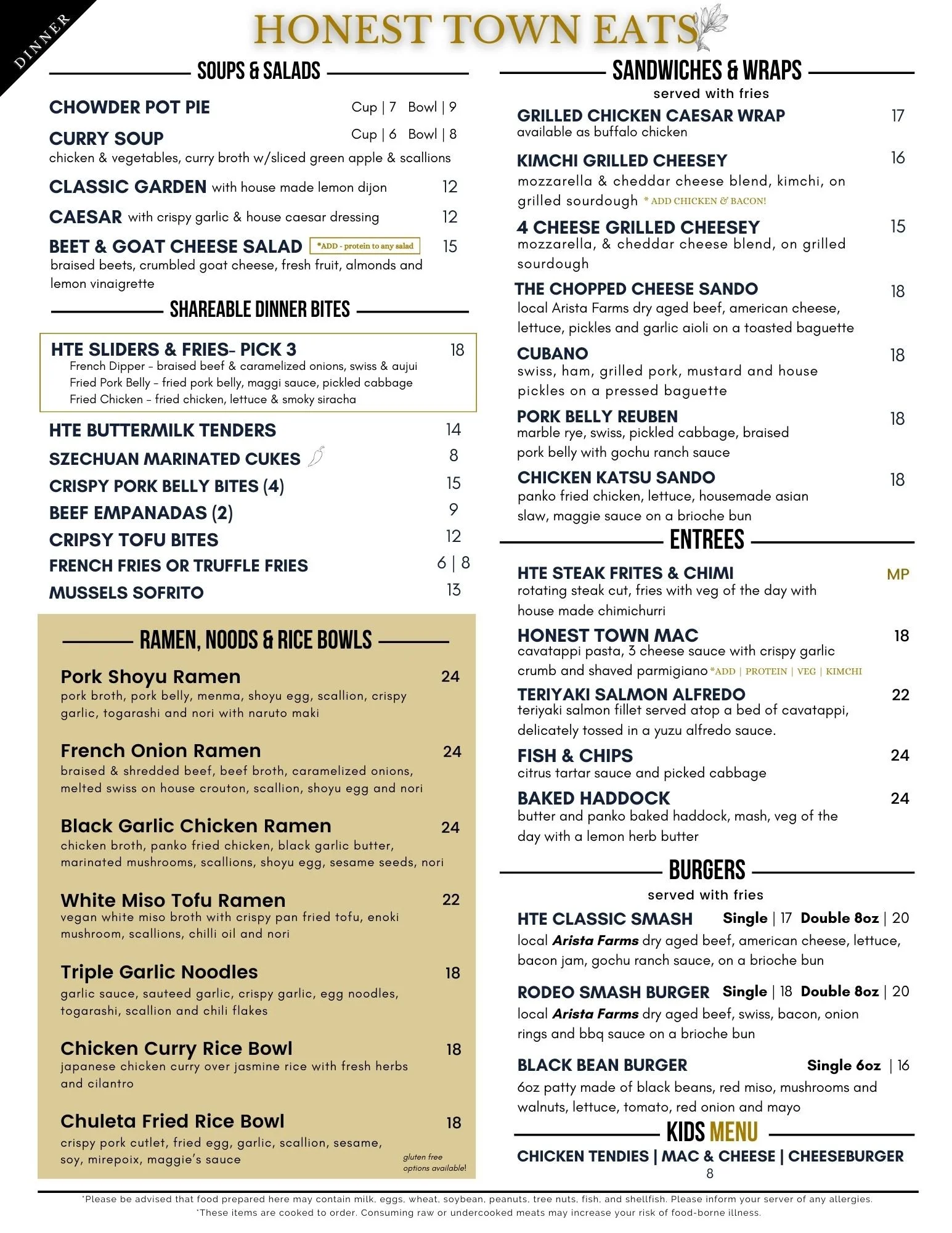 Menu of Honest Town Eats displaying soups, salads, shareable bites, ramen, bowls, sandwiches, entrees, burgers, and kids menu with prices and descriptions.