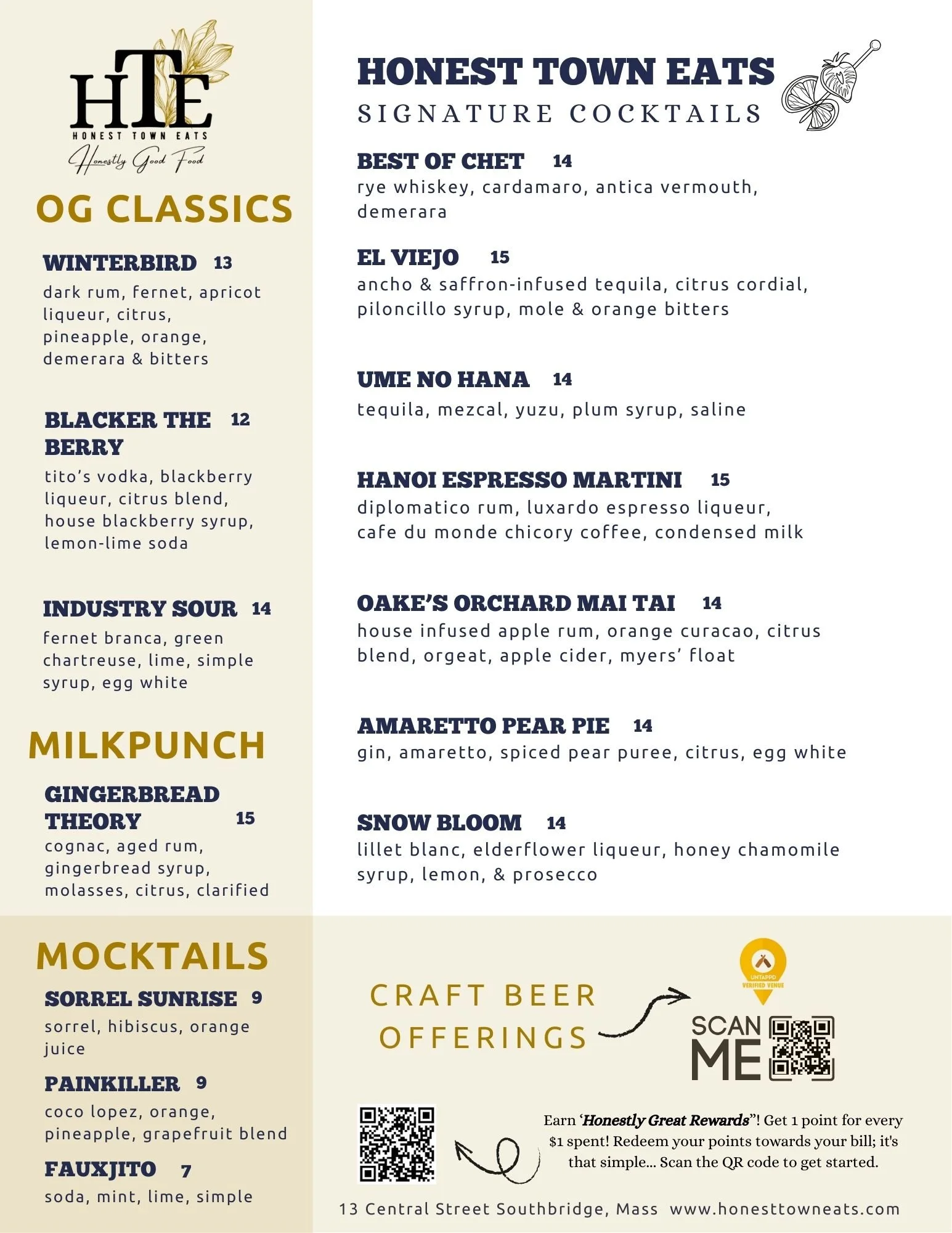 Menu featuring various cocktails, mocktails, OG classics, and craft beer offerings at Honest Town Eats, Southbridge, Massachusetts.